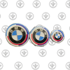 BMW 7-Piece Front Hood Emblem Set for 50th Anniversary - Part Number 82mm Rear Badge, 82mm Wheel Hub Cap, 68mm Steering Wheel Sticker, 45mm